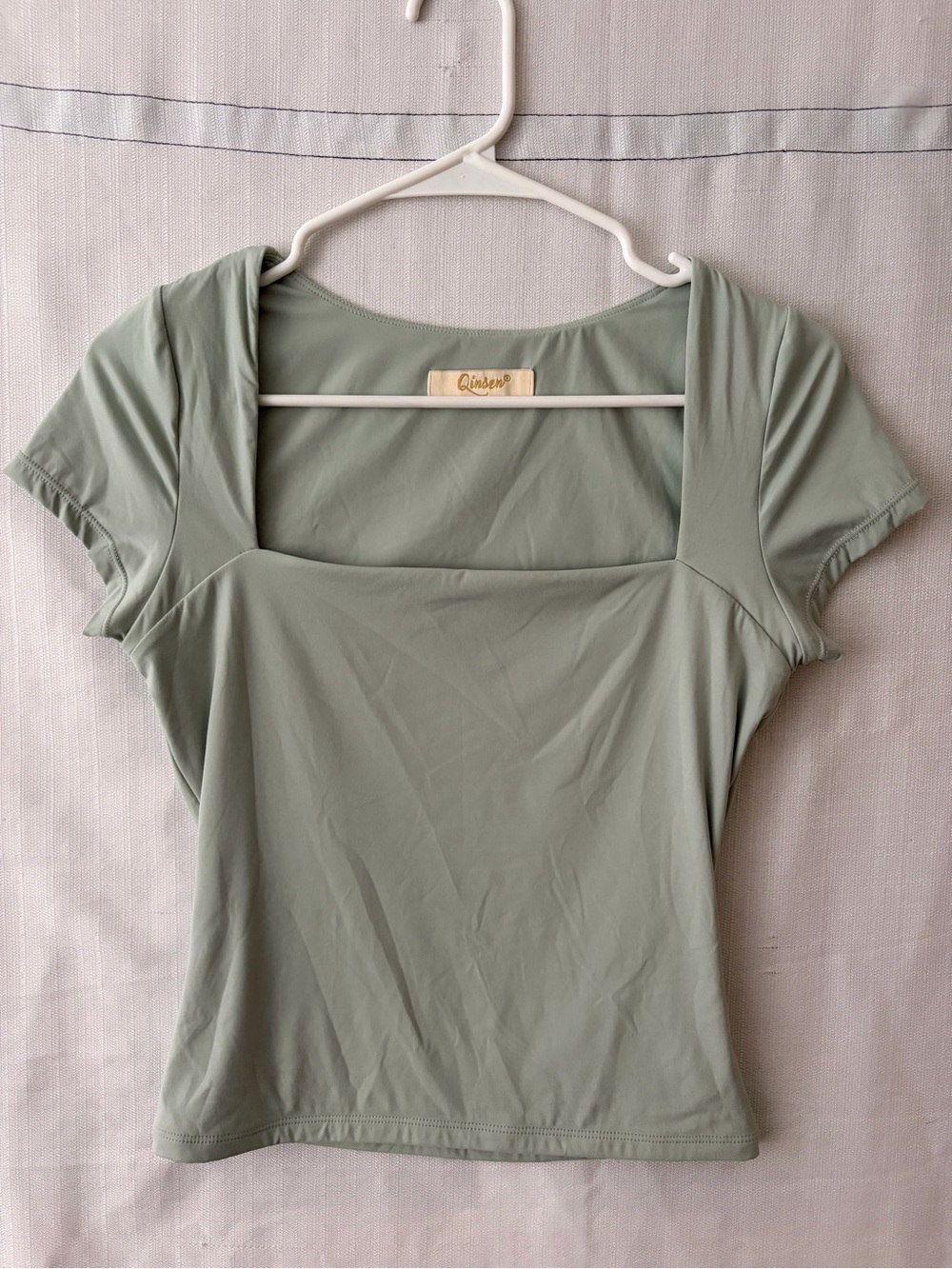Qinsen Women’s Size M Sage Green Square Neck Short Sleeve Crop Top(593)